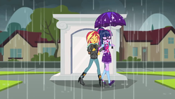 Size: 1280x720 | Tagged: safe, screencap, sci-twi, sunset shimmer, twilight sparkle, eqg summertime shorts, equestria girls, g4, monday blues, backpack, clothes, duo, hoodie, rain, shipping fuel, umbrella