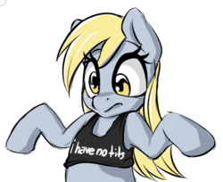 Size: 662x540 | Tagged: safe, artist:coinpo, derpy hooves, pegasus, pony, g4, breasts, clothes, confused, delicious flat chest, derpy flat, female, mare, meme, shrug, simple background, solo, tank top, white background