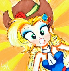 Size: 1974x2045 | Tagged: safe, artist:liaaqila, applejack, eqg summertime shorts, equestria girls, g4, make up shake up, applejack is best facemaker, applejewel, bare shoulders, clothes, fall formal outfits, female, looking at you, makeup, sleeveless, solo, strapless, surprised, traditional art