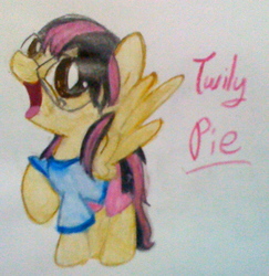Size: 998x1028 | Tagged: safe, artist:beetrue, oc, oc only, oc:twily pie, pegasus, pony, clothes, female, filly, magical lesbian spawn, offspring, parent:pinkie pie, parent:twilight sparkle, parents:twinkie, raised hoof, shirt, solo, traditional art