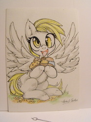 Size: 1280x1707 | Tagged: safe, artist:alts-art, derpy hooves, pegasus, pony, g4, ear fluff, female, food, mare, muffin, open mouth, smiling, solo, spread wings, tongue out, traditional art, wings