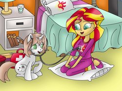 Size: 1024x768 | Tagged: safe, artist:lavenderrain24, sunset shimmer, oc, oc:healing touch, pony, equestria girls, g4, bed, bedroom, clothes, commission, heartbeat, indoors, kneeling, levitation, listening, magic, open mouth, pajamas, slippers, stethoscope, sunset shimmer with her heartbeat, telekinesis