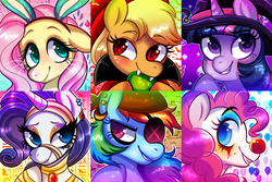 Size: 1500x1000 | Tagged: safe, artist:floretle, applejack, fluttershy, pinkie pie, rainbow dash, rarity, twilight sparkle, vampire, g4, bunny ears, clothes, clown, costume, halloween, hat, holiday, icon, mane six, mummy, pirate, witch, witch hat