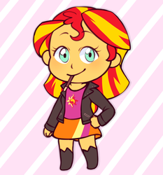 Size: 1493x1600 | Tagged: safe, artist:hpwendiz, sunset shimmer, equestria girls, g4, boots, chibi, clothes, cute, female, food, jacket, leather jacket, pocky, shimmerbetes, shoes, skirt, smiling, solo