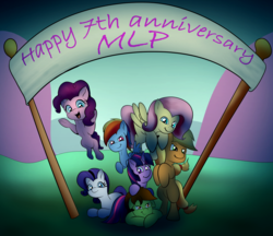 Size: 1160x1002 | Tagged: safe, artist:chrisgotjar, derpibooru exclusive, applejack, fluttershy, pinkie pie, rainbow dash, rarity, twilight sparkle, oc, oc:chrisgotjar, pegasus, pony, g4, banner, flying, group shot, happy birthday mlp:fim, jumping, lying down, mlp fim's seventh anniversary, rearing