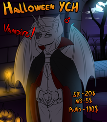 Size: 3500x4000 | Tagged: safe, artist:sparklyon3, vampire, anthro, rcf community, advertisement, castle, clothes, commission, halloween, holiday, solo, suit, your character here