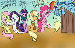 Size: 1024x655 | Tagged: safe, artist:yourfavoritelove, applejack, derpy hooves, fluttershy, pinkie pie, rainbow dash, rarity, twilight sparkle, g4, book, covering crotch, crying, desperation, hooves between legs, mane six, marshmelodrama, missing cutie mark, need to pee, omorashi, outhouse, potty dance, potty emergency, potty time, sweat, trotting in place