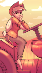 Size: 1089x1875 | Tagged: safe, artist:subjectnumber2394, applejack, human, g4, barefoot, clothes, feet, female, humanized, looking at you, pants, shirt, solo, tractor