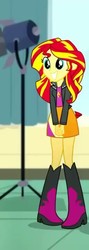 Size: 255x720 | Tagged: safe, screencap, sunset shimmer, eqg summertime shorts, equestria girls, g4, pet project, boots, clothes, cropped, cute, female, jacket, leather jacket, shimmerbetes, shoes, skirt, smiling, solo