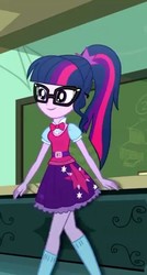 Size: 385x720 | Tagged: safe, screencap, sci-twi, twilight sparkle, equestria girls, g4, my little pony equestria girls: summertime shorts, subs rock, clothes, cropped, cute, female, glasses, ponytail, skirt, smiling, socks, solo, twiabetes