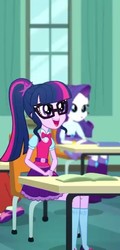 Size: 347x720 | Tagged: safe, screencap, rarity, sci-twi, twilight sparkle, equestria girls, g4, my little pony equestria girls: summertime shorts, subs rock, clothes, cropped, cute, glasses, offscreen character, ponytail, sitting, skirt, smiling, socks, twiabetes