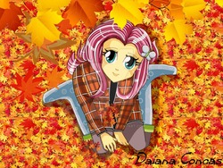 Size: 800x600 | Tagged: safe, artist:8lunabianca8, fluttershy, equestria girls, g4, autumn, female, kneeling, leaf, looking at you, smiling, solo, watermark