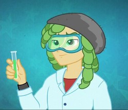 Size: 415x358 | Tagged: safe, screencap, sandalwood, equestria girls, g4, my little pony equestria girls: friendship games, background human, clothes, cropped, goggles, lab coat, male, smiling