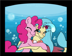 Size: 700x546 | Tagged: safe, artist:mintydreams7, pinkie pie, princess skystar, pony, seapony (g4), g4, my little pony: the movie, abstract background, bubble, clothes, cute, diapinkes, female, flower, flower in hair, freckles, jewelry, lesbian, mare, necklace, seaponified, seapony pinkie pie, ship:skypie, shipping, skyabetes, species swap, underwater
