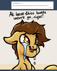 Size: 500x625 | Tagged: safe, artist:slavedemorto, oc, oc only, oc:modpone, earth pony, pony, ask, crying, dialogue, floppy ears, smiling, solo, tumblr