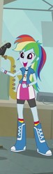 Size: 220x720 | Tagged: safe, screencap, rainbow dash, a case for the bass, equestria girls, g4, my little pony equestria girls: rainbow rocks, boots, clothes, compression shorts, cropped, cute, dashabetes, female, jacket, shoes, skirt, smiling