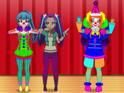 Size: 2000x1500 | Tagged: safe, artist:technopagan9, adagio dazzle, aria blaze, sonata dusk, human, equestria girls, g4, my little pony equestria girls: rainbow rocks, 1000 hours in ms paint, 1000 years in kisekae, clothes, clown, female, gun, humanized, kisekae, the dazzlings, trio, trio female, weapon