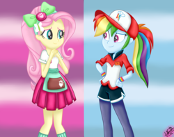 Size: 1780x1400 | Tagged: safe, artist:liniitadash23, fluttershy, rainbow dash, cat, equestria girls, g4, good vibes, my little pony equestria girls: summertime shorts, pet project, bow, clothes, looking at each other, show accurate, smiling