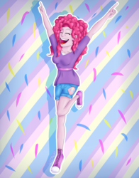 Size: 2750x3500 | Tagged: safe, artist:starwindnight, pinkie pie, human, g4, clothes, converse, eyes closed, female, happy, high res, humanized, shirt, shoes, shorts, sneakers, solo