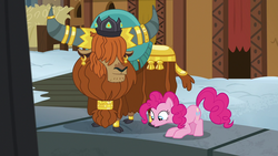 Size: 1280x720 | Tagged: safe, screencap, pinkie pie, prince rutherford, earth pony, pony, yak, g4, not asking for trouble, cloven hooves, crown, duo, ear piercing, earring, female, horn, horn ring, jewelry, male, mare, piercing, pit, regalia, yakyakistan