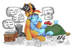 Size: 1280x882 | Tagged: safe, artist:dragonfoxgirl, quibble pants, rainbow dash, earth pony, pegasus, pony, g4, bandage, dialogue, female, injured, male, paper, ship:quibbledash, shipping, simple background, straight, trash can, tsunderainbow, tsundere