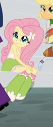 Size: 215x510 | Tagged: safe, screencap, applejack, fluttershy, equestria girls, g4, my little pony equestria girls: rainbow rocks, boots, clothes, cropped, cute, female, hairpin, offscreen character, shoes, shyabetes, sitting, skirt
