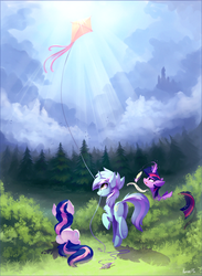Size: 1888x2579 | Tagged: safe, artist:ramiras, bon bon, lyra heartstrings, sweetie drops, twilight sparkle, alicorn, earth pony, pony, unicorn, adorabon, butt, chest fluff, crepuscular rays, cute, face not visible, facing away, featured image, female, kite, lesbian, lyrabetes, lyrabon, magic, mare, mouth hold, palette swap, plot, prone, quill, raised hoof, raised leg, rear view, scenery, shipping, smiling, sweet dreams fuel, tongue out, tree, trio, twiabetes, twilight sparkle (alicorn), underhoof