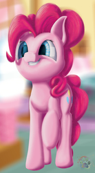 Size: 2205x4000 | Tagged: safe, artist:sloppyhooves, pinkie pie, earth pony, pony, g4, female, high res, raised hoof, smiling, solo