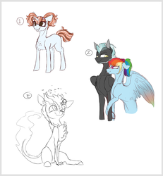 Size: 2754x2979 | Tagged: safe, artist:holoriot, rainbow dash, thunderlane, oc, oc:ombre eclipse, oc:spotlight flare, hybrid, pony, unicorn, g4, female, filly, glasses, high res, interspecies offspring, male, offspring, parent:discord, parent:princess luna, parent:svengallop, parent:trixie, parents:lunacord, shipping, sketch, straight, thunderdash, younger