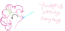 Size: 955x458 | Tagged: safe, artist:kolie, derpibooru exclusive, pinkie pie, g4, eyes closed, female, happy birthday mlp:fim, hat, mlp fim's seventh anniversary, party hat, party horn, smiling, solo