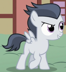 Size: 510x555 | Tagged: safe, screencap, rumble, pegasus, pony, g4, marks and recreation, colt, gangsta, happy, male, solo, wings