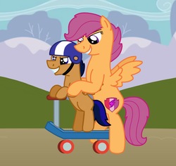 Size: 1629x1536 | Tagged: safe, artist:kindheart525, scootaloo, oc, oc:motocross, pegasus, pony, kindverse, g4, female, male, mother and son, offspring, parent:rumble, parent:scootaloo, parents:rumbloo, scooter