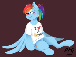 Size: 1600x1197 | Tagged: safe, artist:dragonfoxgirl, rainbow dash, pony, g4, alternate hairstyle, blushing, clothes, female, implied quibble pants, implied quibbledash, mare, rebus, shirt, sitting, smiling, t-shirt, watermark