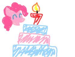 Size: 800x600 | Tagged: safe, artist:yoshimon1, pinkie pie, earth pony, pony, g4, animated, birthday cake, cake, crayon effect, doodle, female, floating head, food, frame by frame, gif, happy birthday mlp:fim, mlp fim's seventh anniversary, simple background, solo, white background