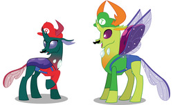 Size: 3588x2187 | Tagged: safe, artist:kirbymlp, pharynx, thorax, changedling, changeling, g4, brotherhood, brotherly love, brothers, changedling brothers, clothes, costume, crossover, facial hair, high res, king thorax, luigi, male, mario, moustache, nightmare night, nightmare night costume, overalls, prince pharynx, sibling, sibling love, siblings, simple background, vector, white background