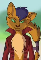 Size: 615x882 | Tagged: safe, artist:digimaru, capper dapperpaws, abyssinian, cat, anthro, g4, my little pony: the movie, chest fluff, clothes, cropped, grin, looking at you, male, smiling, solo, stare, tail wrap