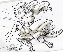 Size: 1024x849 | Tagged: safe, artist:jollyjack, rarity, spike, dragon, unicorn, anthro, unguligrade anthro, action pose, breasts, bridal carry, carrying, clothes, dress, female, floppy ears, frown, glare, grayscale, holding, jumping, male, monochrome, motion lines, serious, shipping, shorts, simple background, sketch, sparity, straight, torn clothes, white background, wide eyes, windswept mane