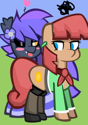 Size: 745x1053 | Tagged: safe, artist:aaa-its-spook, artist:spook, oc, oc only, oc:scarlet topaz, oc:spook, bat pony, annoyed, ascot, blushing, clothes, ear piercing, earring, eyeshadow, female, flirting, jewelry, makeup, piercing, socks, stockings, striped socks, sweater, thigh highs, tongue out