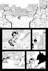 Size: 3304x4952 | Tagged: safe, artist:leon-z, twilight sparkle, alicorn, pony, comic:returns endings & beginnings, g4, cloak, clothes, comic, energy blast, ruins, silhouette, twilight sparkle (alicorn)