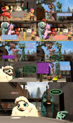 Size: 2560x4322 | Tagged: safe, queen chrysalis, scootaloo, sunset shimmer, trixie, twilight sparkle, oc, oc:fluffle puff, genie, g4, 3d, canon x oc, comic, female, lesbian, ship:chrysipuff, ship:twixie, shipping