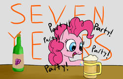 Size: 780x498 | Tagged: safe, artist:itsthinking, pinkie pie, g4, alcohol, beer, female, gray background, happy birthday mlp:fim, mlp fim's seventh anniversary, party, simple background, smiling, solo, wine