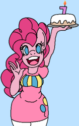 Size: 263x418 | Tagged: safe, artist:pinkiepiesky, pinkie pie, earth pony, anthro, g4, anniversary, anniversary art, cake, candle, chubby, food, happy birthday mlp:fim, mlp fim's seventh anniversary, simple background