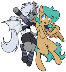 Size: 832x908 | Tagged: safe, artist:egophiliac, oc, oc only, oc:snow drift, oc:spur bevel, bat pony, pegasus, pony, belt, best friends, clothes, cute, duo, ear piercing, earring, jewelry, jumping, looking at you, one eye closed, piercing, punk, simple background, socks, striped socks, transparent background, waving, wink