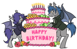 Size: 1297x832 | Tagged: safe, artist:egophiliac, oc, oc only, oc:dusk rhine, oc:racket rhine, bat pony, birthday, birthday cake, brothers, cake, candle, clothes, cute, duo, food, fruit, glasses, hoodie, jacket, lime, male, mouth watering, orange, salivating, simple background, tongue out, transparent background