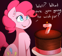 Size: 1200x1100 | Tagged: safe, artist:thebatfang, derpibooru exclusive, pinkie pie, earth pony, pony, birthday, birthday cake, birthday candles, bronybait, cake, candle, chocolate cake, cute, dialogue, ear fluff, female, food, happy birthday mlp:fim, mare, mlp fim's seventh anniversary, open mouth, plate, simple background, sitting, smiling, solo, sweet dreams fuel