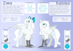 Size: 1280x896 | Tagged: safe, artist:lolepopenon, oc, oc only, oc:kalinka, oc:zima, hippogriff, blue eyes, bow, duo, reference sheet, siblings, twins