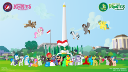 Size: 9946x5587 | Tagged: safe, artist:cakonde, oc, oc only, oc:silver bell, alicorn, earth pony, fly, pegasus, pony, unicorn, absurd resolution, alicorn oc, brony, building, colt, community, culture, east java, enthusiasm, expressions, fandom, female, filly, flag, flying, food, fun, gasp, grass, group, happy, indonesia, indonesian, lamp, male, mare, monument, museum, park, pegasister, salt, sickle, square, stallion, surabaya, tree, vegetation, whip