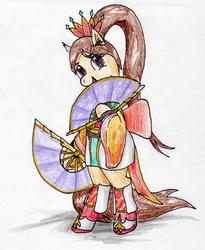 Size: 1794x2190 | Tagged: safe, artist:40kponyguy, derpibooru exclusive, earth pony, pony, bipedal, boots, clothes, crossover, cute, dynasty warriors, ear fluff, fan, looking at you, ponytail, shoes, simple background, solo, traditional art, white background, xiaoqiao