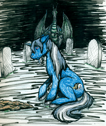 Size: 841x1000 | Tagged: safe, artist:bluebirdsolstice, oc, oc only, oc:bluebird solstice, oc:grumplestiltskin, dragon, pony, unicorn, grave, gravestone, graveyard, immortality blues, mourning, sadness