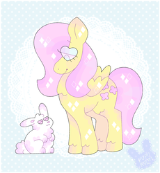 Size: 1280x1390 | Tagged: safe, artist:pupukultti, angel bunny, fluttershy, pegasus, pony, rabbit, g4, abstract background, angelbetes, cute, female, heart eyes, lace, mare, shyabetes, sparkles, stylized, wingding eyes
